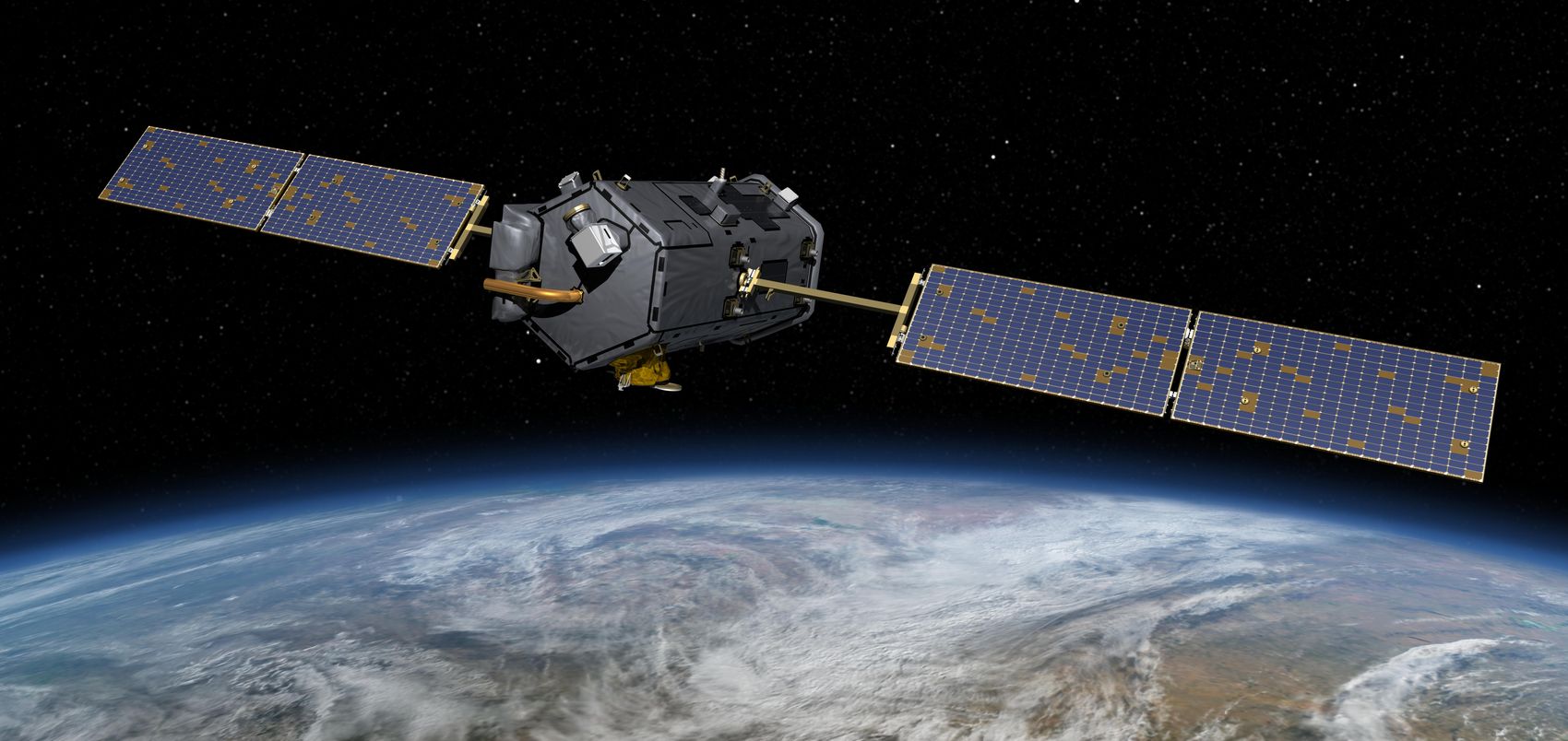 Artist's concept of NASA's Orbiting Carbon Observatory-2 satellite, with its solar panels spread, in orbit above the Earth