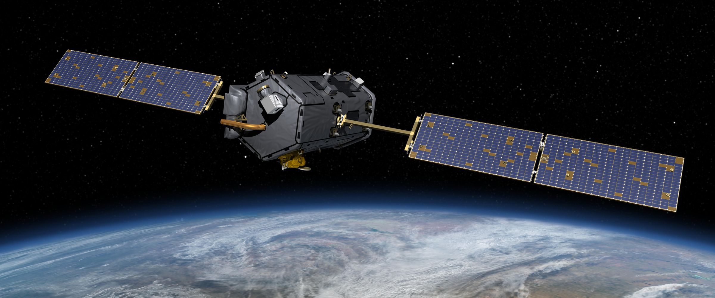 Artist's concept of NASA's Orbiting Carbon Observatory-2 satellite, with its solar panels spread, in orbit above the Earth